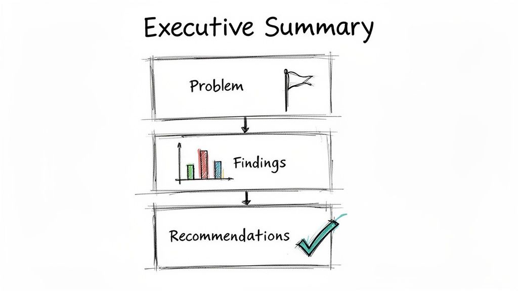 A flowchart diagram outlines an executive summary's key sections: Problem, Findings, and Recommendations with icons.