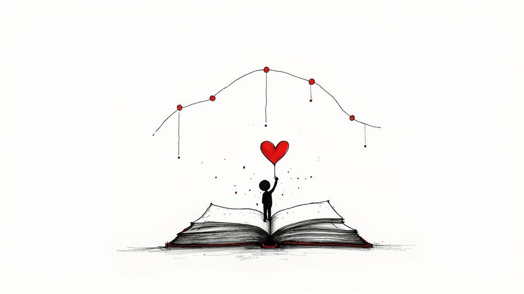 Minimalist illustration of a silhouette standing on an open book, holding a red heart balloon, under a dotted line.