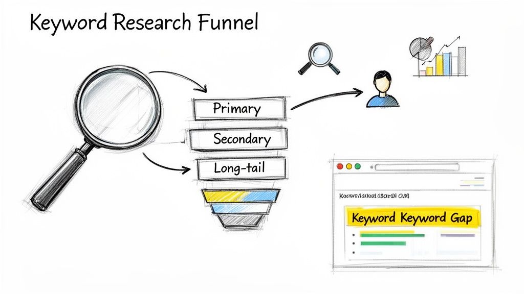 Diagram illustrating a keyword research funnel with primary, secondary, and long-tail keywords leading to SEO insights.