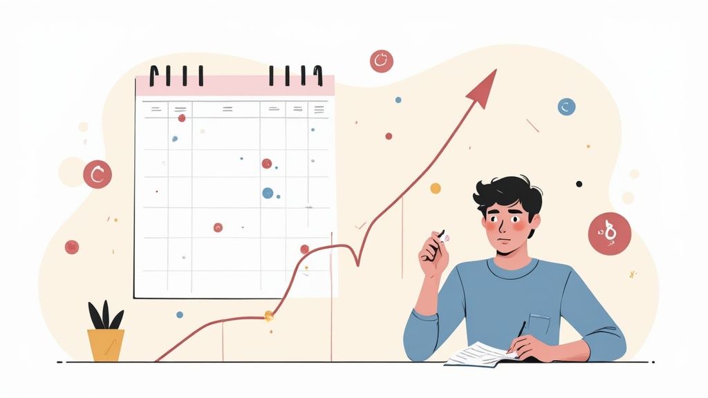 Illustration of a man planning or studying with a calendar, a rising graph, and notes.