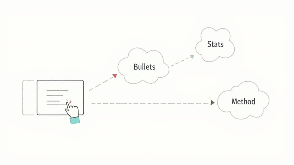 Diagram illustrating an AI process summarizing an article into bullets, stats, and methods.