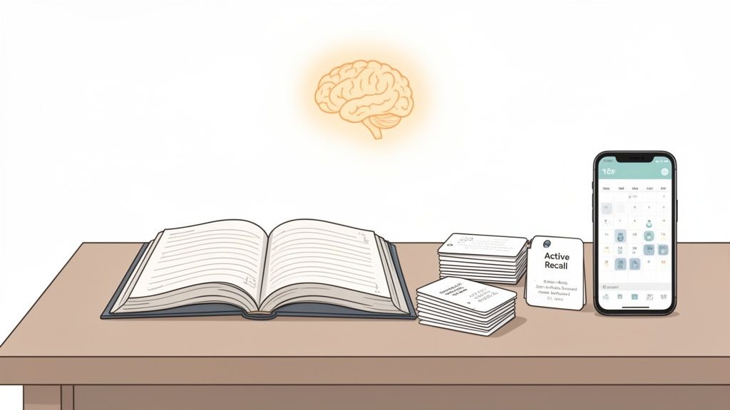 Study tools for improving test taking skills, including a book, active recall flashcards, and a smartphone calendar.