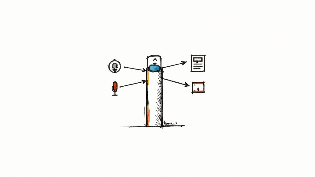 A diagram illustrates a digital content creation workflow, showing camera and microphone inputs leading to text and screen outputs.