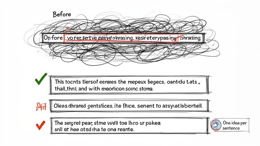 Before and after text revisions, illustrating messy writing versus clear, concise sentences.