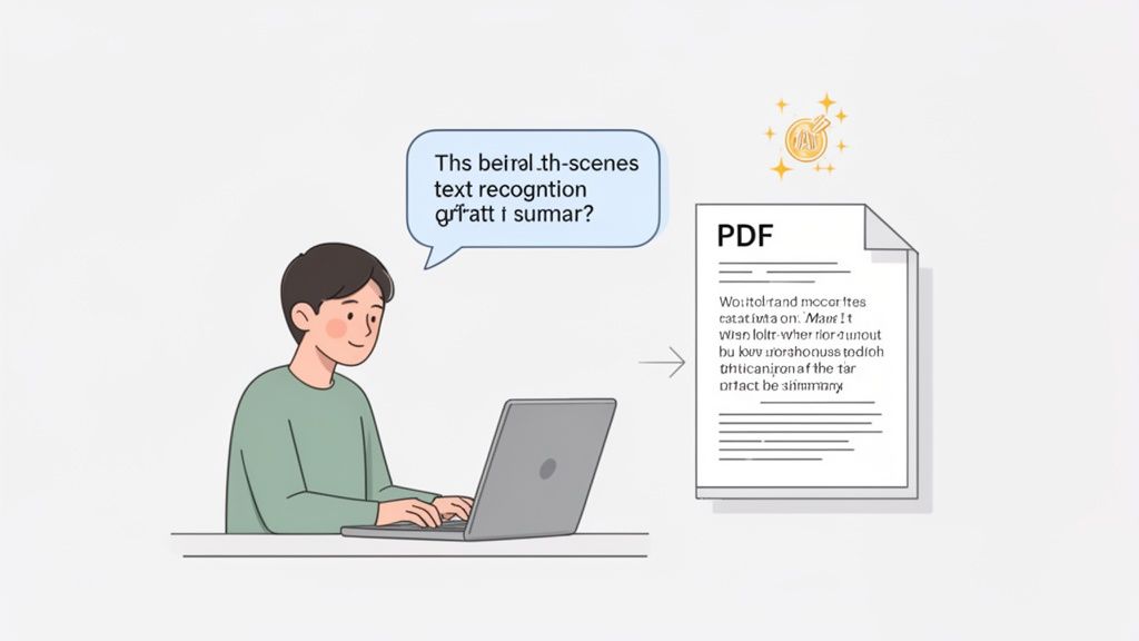 A person uses a laptop to perform text recognition on a PDF document.