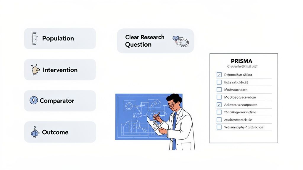An illustration showcasing systematic review methodology elements: PICO, clear research question, and PRISMA checklist.