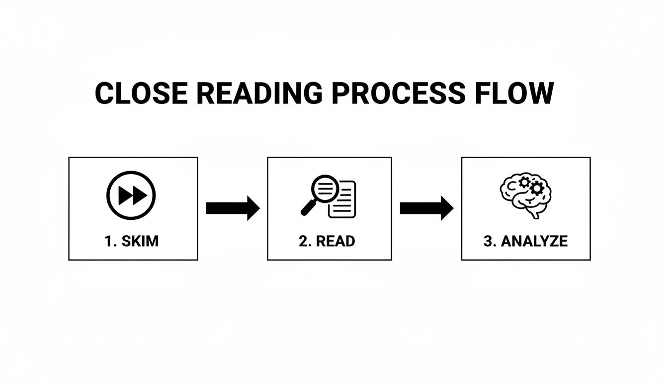 Flowchart illustrating the three-step close reading process: 1. Skim, 2. Read, and 3. Analyze, with icons.