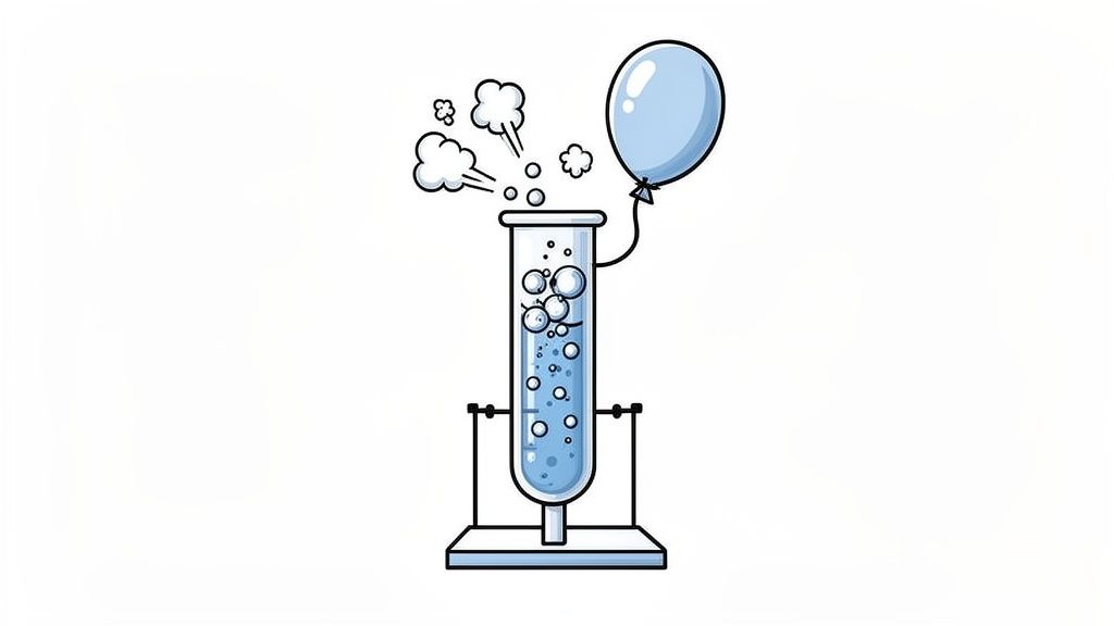 A cartoon test tube with bubbling blue liquid, steam, and an inflating blue balloon.