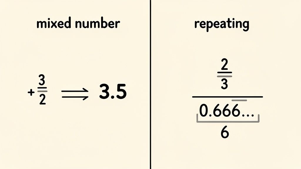Two panels demonstrating conversions: one showing 3.5 from a fraction and another 2/3 as a repeating decimal.