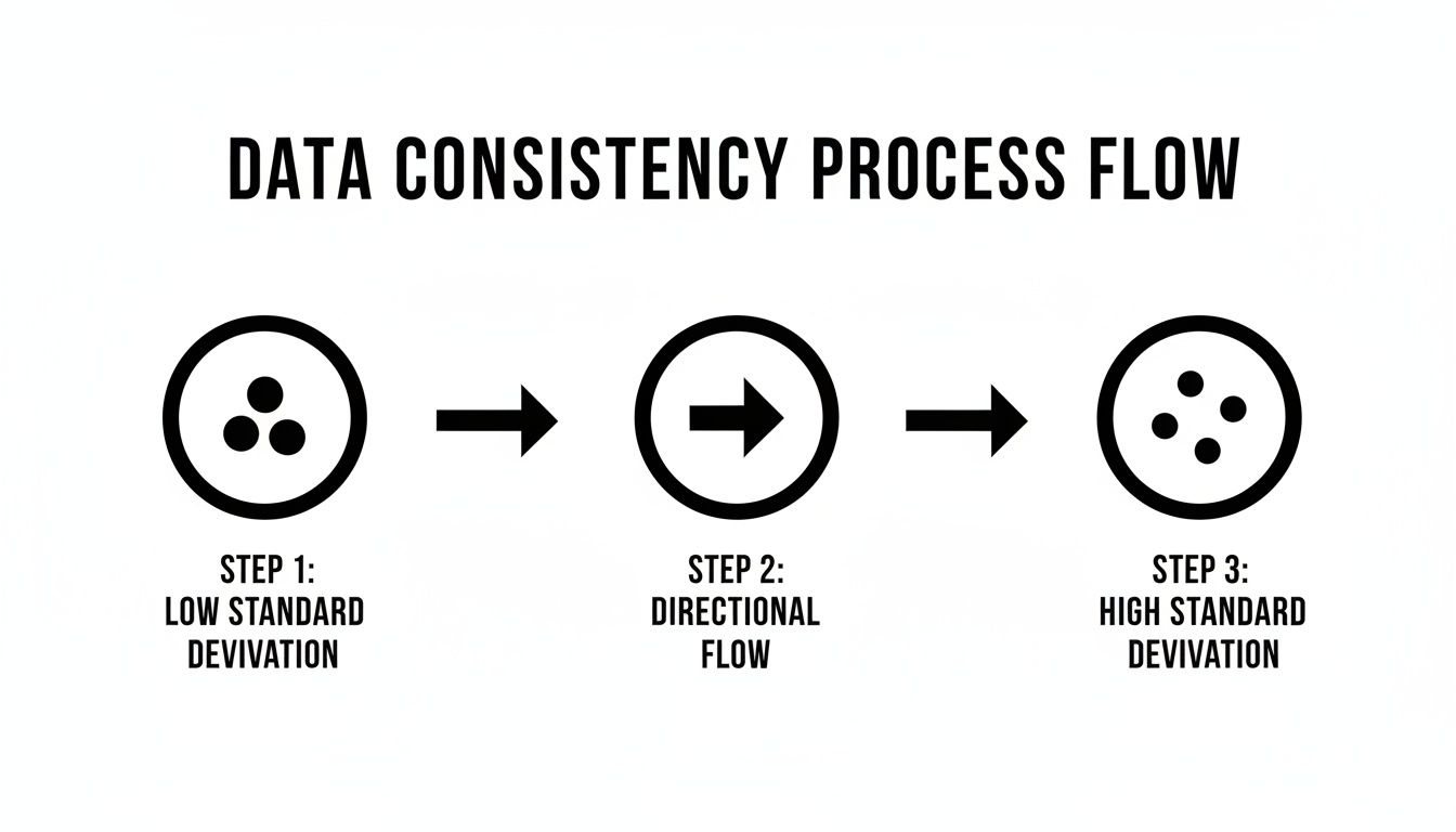 A diagram illustrating data consistency process flow, showing progression from low to high standard deviation.