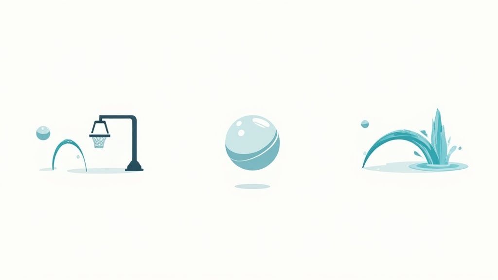 Stylized light blue illustrations demonstrating projectile motion through basketball, bouncing ball, and water.