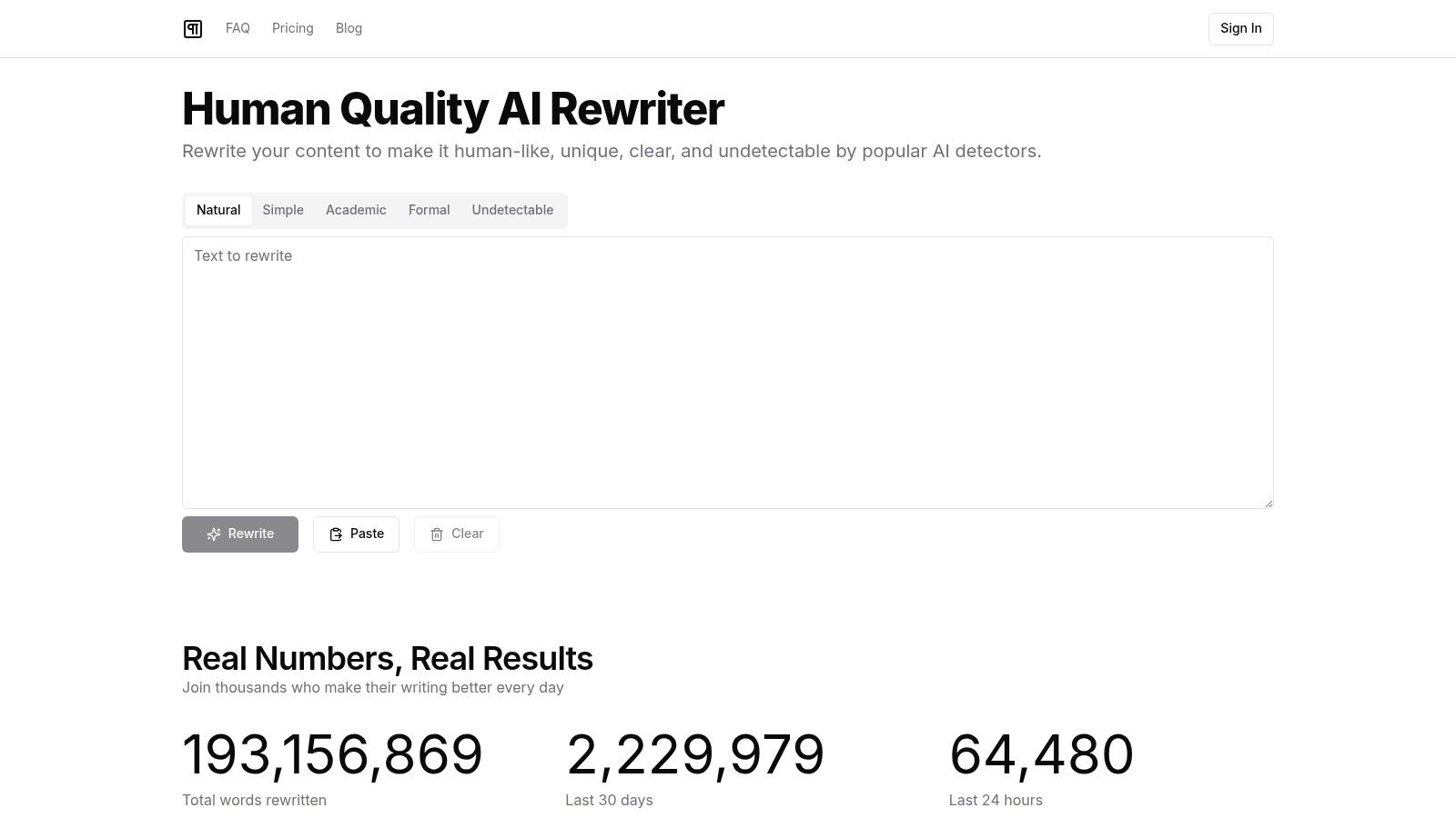 An interface of the Rewritify online tool showing different rewrite modes and a text input field.
