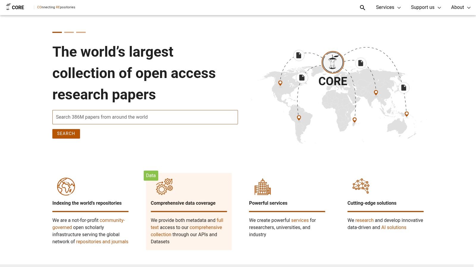 CORE interface showing search results for "academic search"