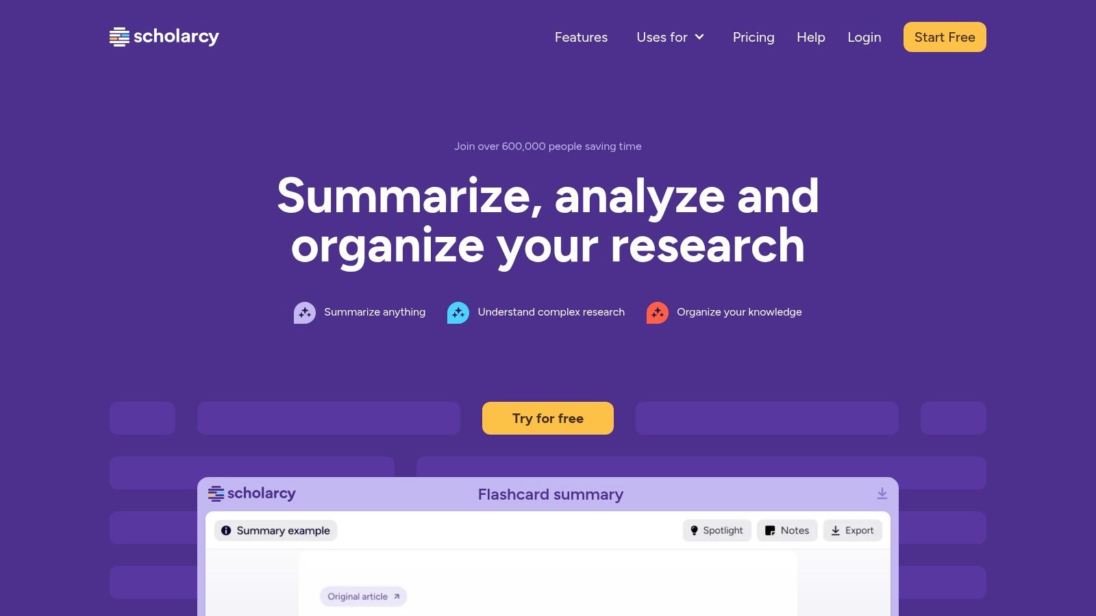 Scholarcy's interface showing a summarized research paper with key highlights and data extracted.