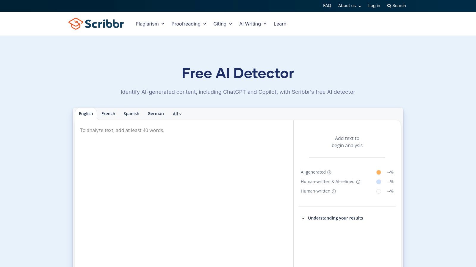 Scribbr AI Detector's interface showing a mix of human and AI-generated text analysis