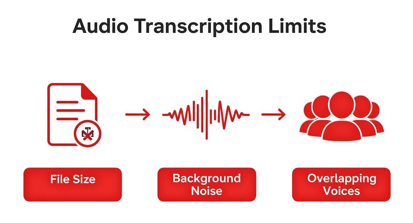 Infografía que muestra el flujo del proceso de los límites de transcripción de audio, incluido el tamaño del archivo, el ruido de fondo y las voces superpuestas.