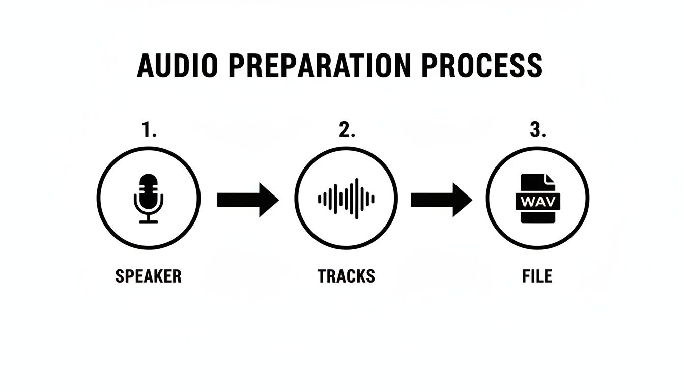 Diagram showing the audio preparation process from speaker via tracks to a WAV file.