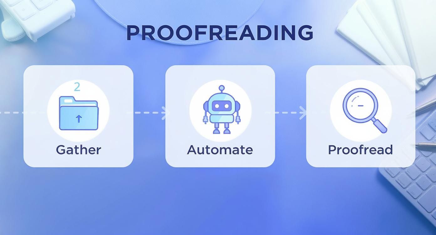 Diagrama del flujo de trabajo de corrección de pruebas que muestra tres pasos: recopilar archivos, automatizar el proceso y corregir el contenido