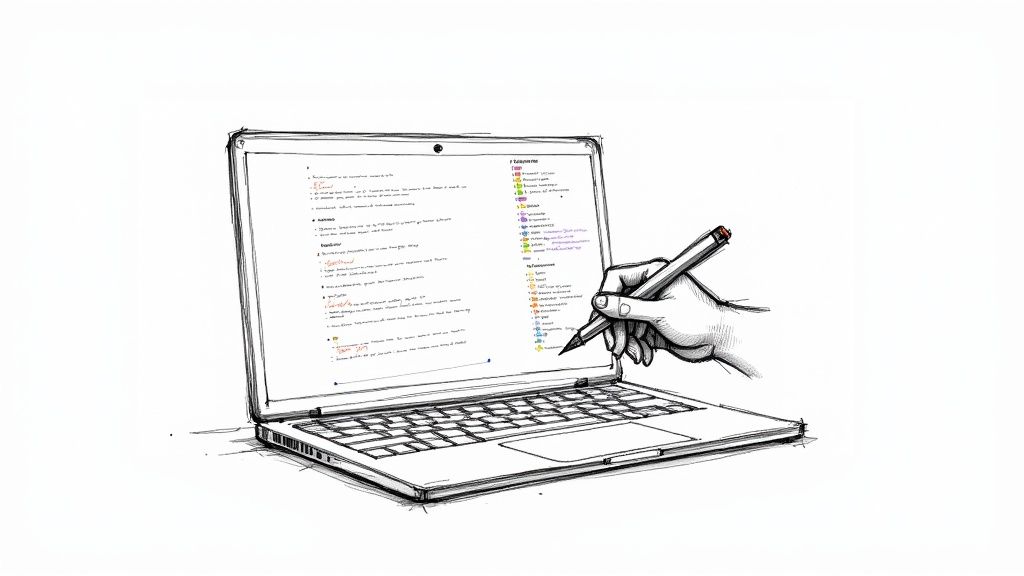 Hand-drawn sketch of a hand using a stylus on a laptop screen with digital notes.