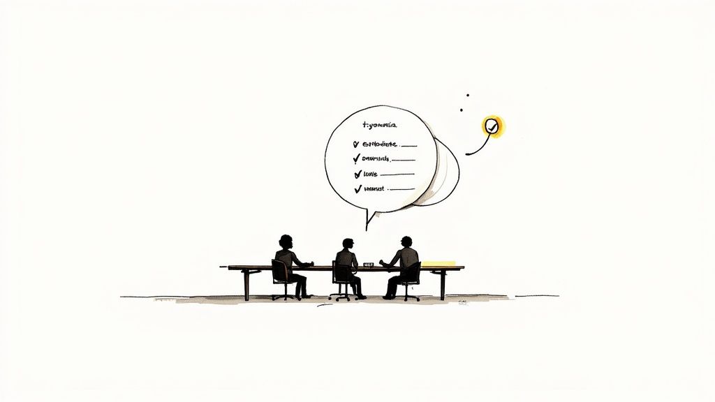 Three people at a meeting table with a speech bubble checklist and a happy checkmark icon.