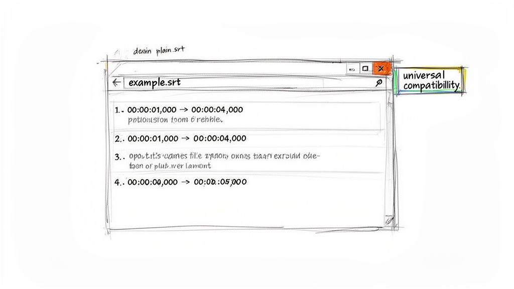 A sketch of a subtitle file window showing example.srt with timestamps and text, highlighting universal compatibility.