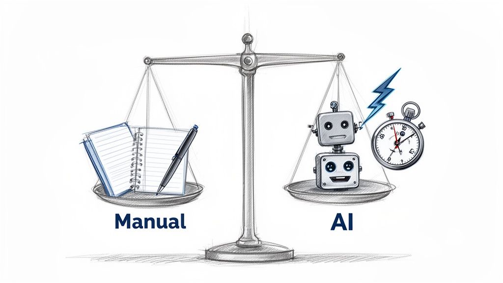 A scale balances manual tasks (notebook, pen) against AI automation (robots, stopwatch, lightning).