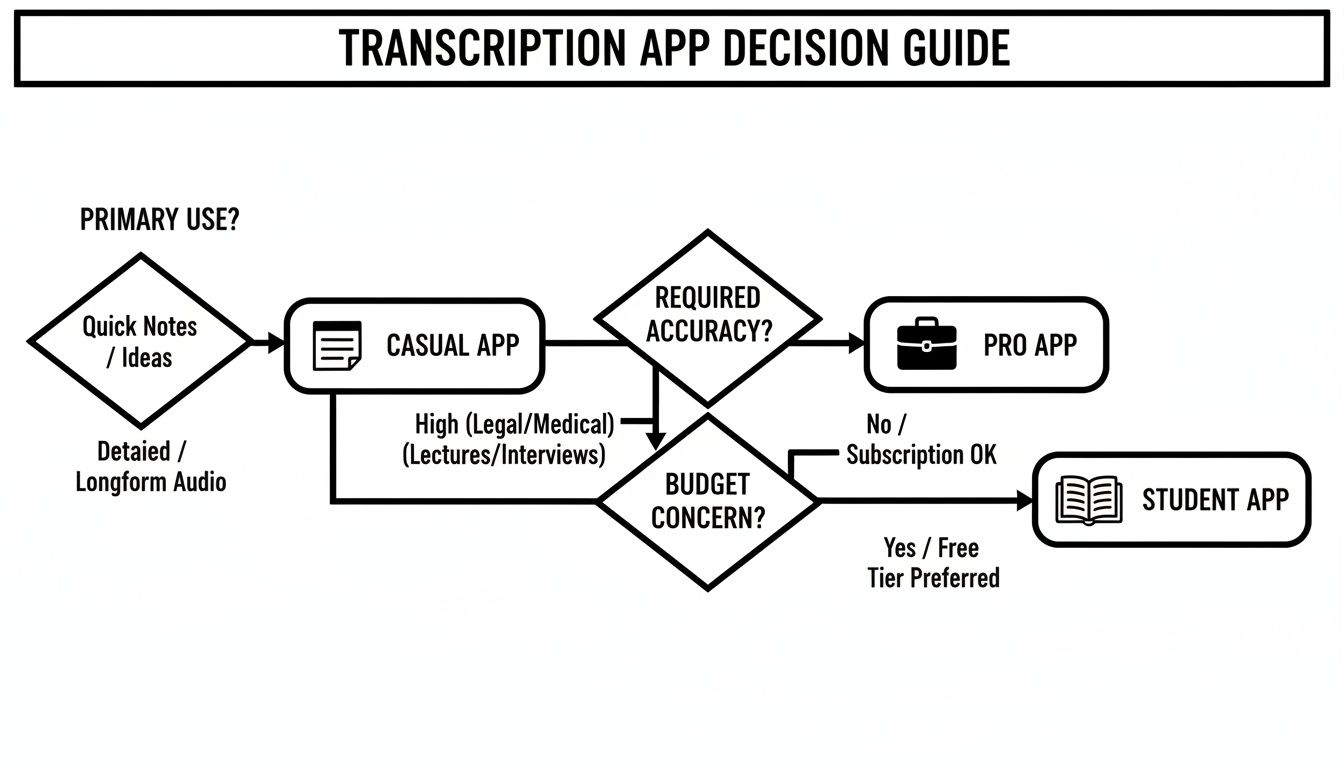 A flowchart guiding the selection of a transcription app based on primary use, accuracy, and budget.