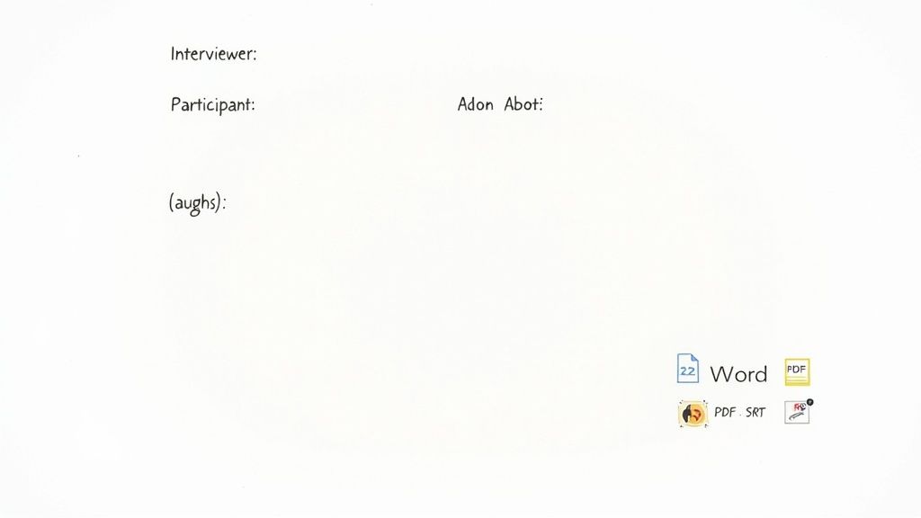 A partial interview transcript showing speaker labels, a participant's name, and file format icons.