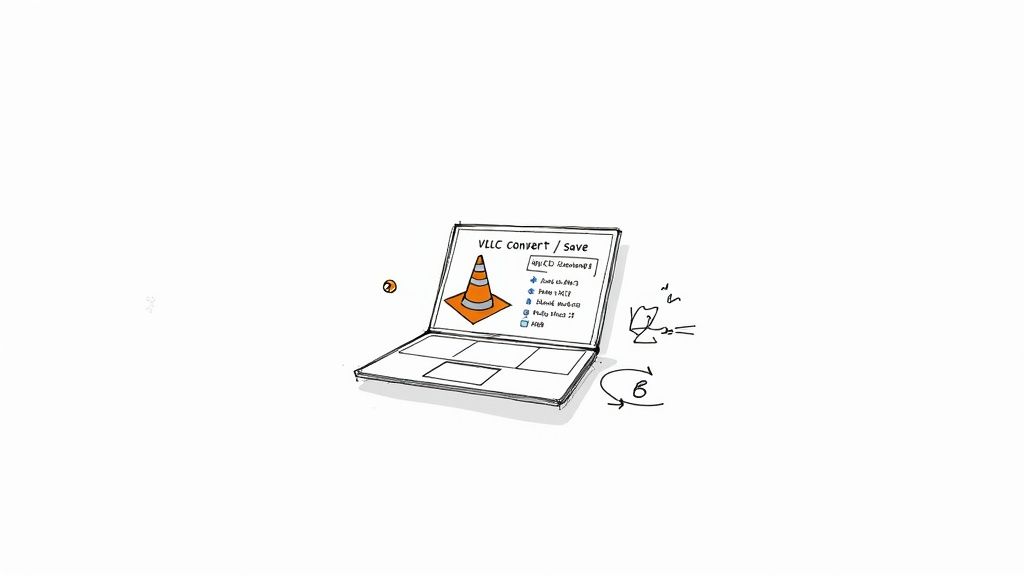 Sketch of a laptop displaying a 'VLLC Convert / Save' screen with VLC cone icon and options.