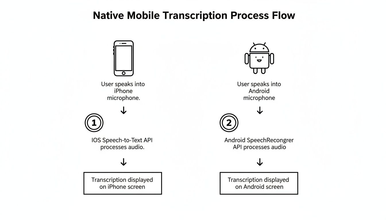 Flowchart illustrating the native mobile transcription process for iOS and Android devices.