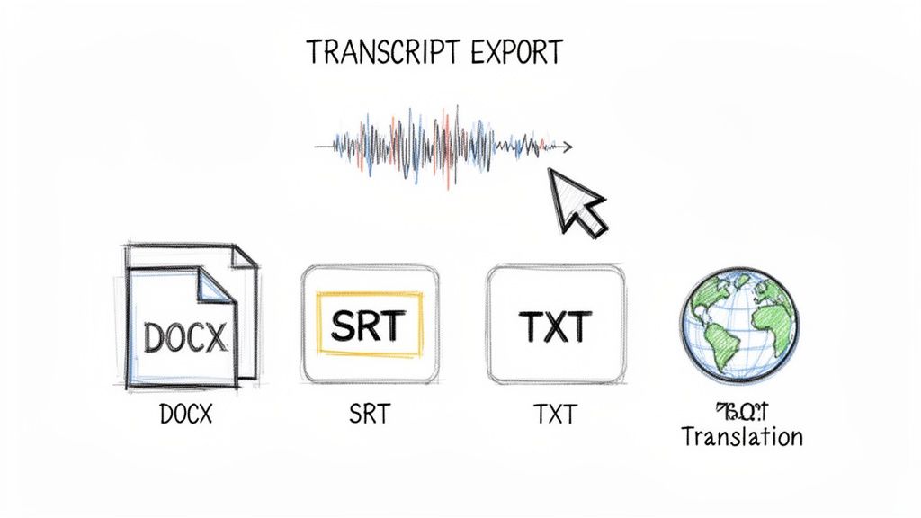 An illustration depicting various transcript export options including DOCX, SRT, TXT, and translation.