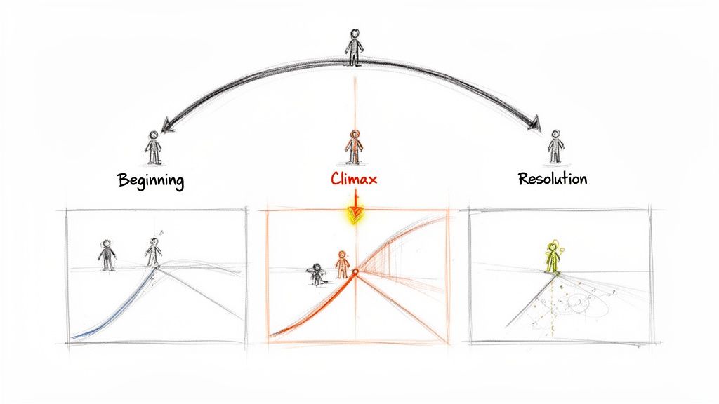 Story structure diagram: a narrative arc from beginning to climax and resolution, illustrated with stick figures.