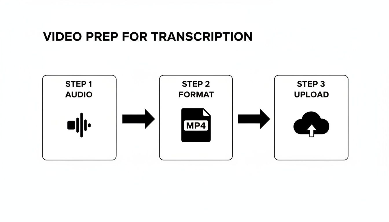 A diagram illustrating three steps for video prep for transcription: audio, format to MP4, and upload.