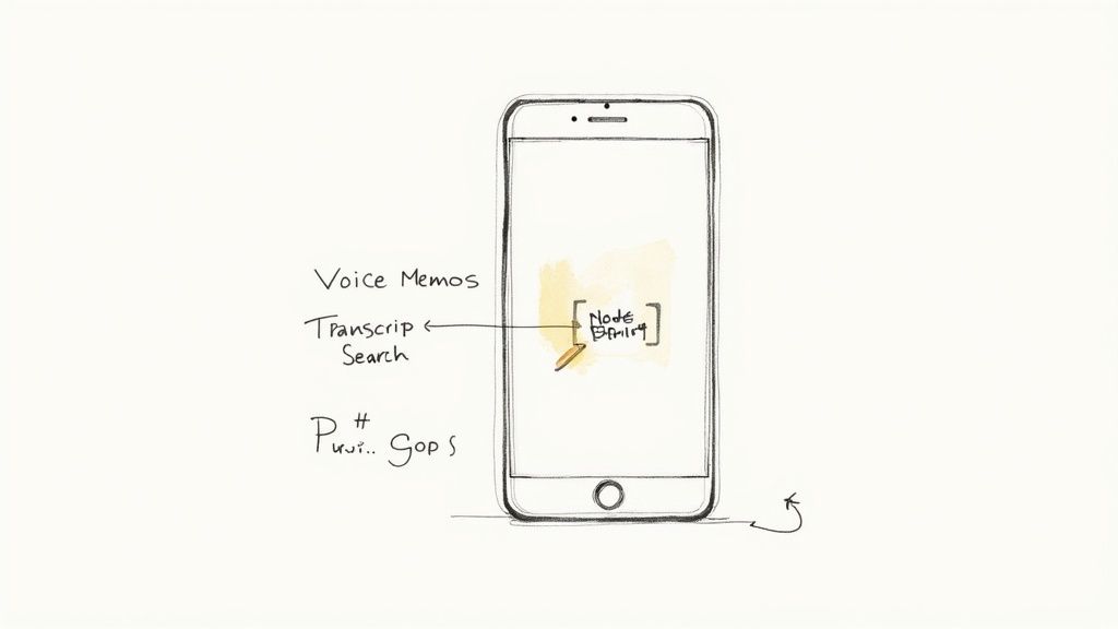 A hand-drawn sketch of an iPhone illustrating voice memo transcription and search with a node editor.