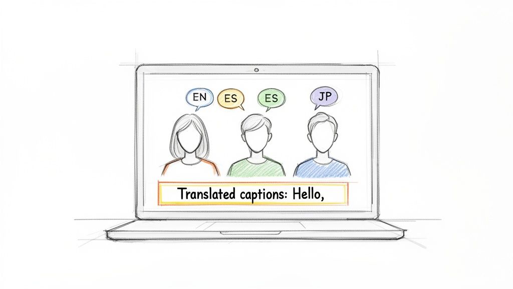 A sketch of a laptop displaying a video call with three people, each speaking a different language, and real-time translated captions.