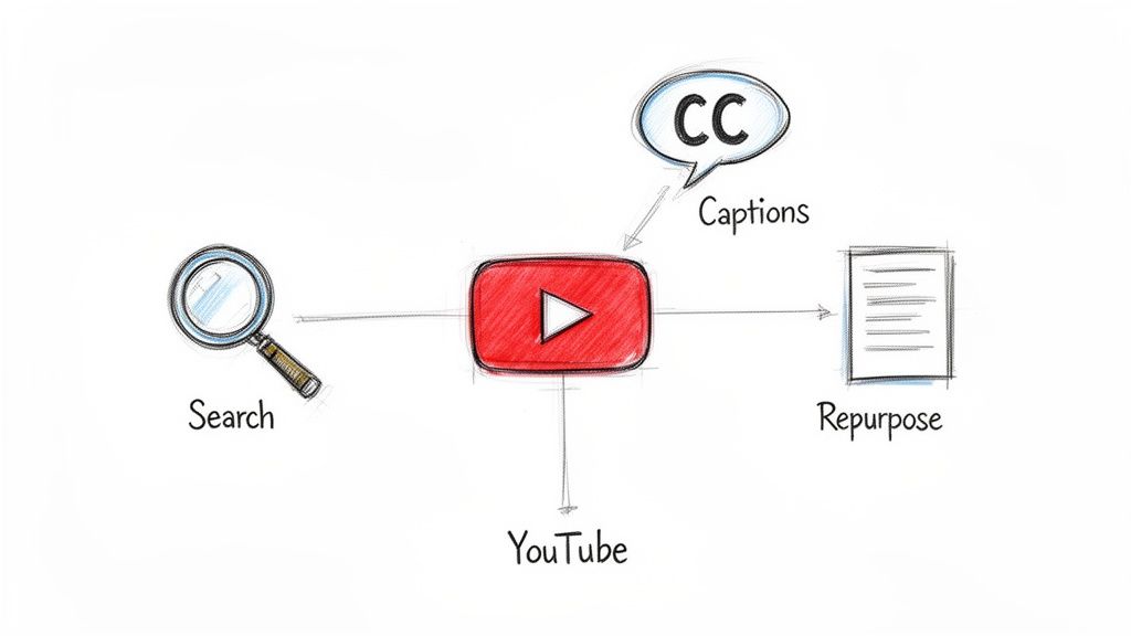 Diagram showing how to search YouTube videos, get captions, and repurpose the content.