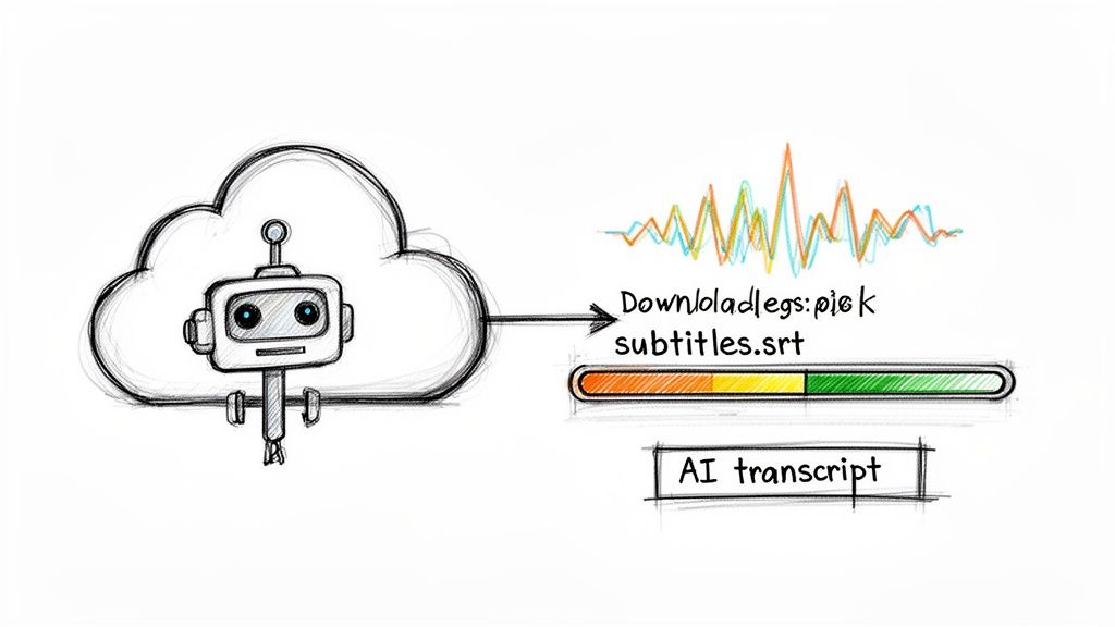 Illustration showing an AI cloud service producing "subtitles.srt" and an "AI transcript" from audio.