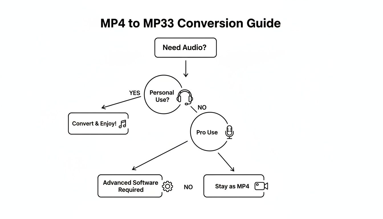 Flowchart guide for converting MP4 to MP3, detailing decisions based on audio need, personal/pro use, and software.