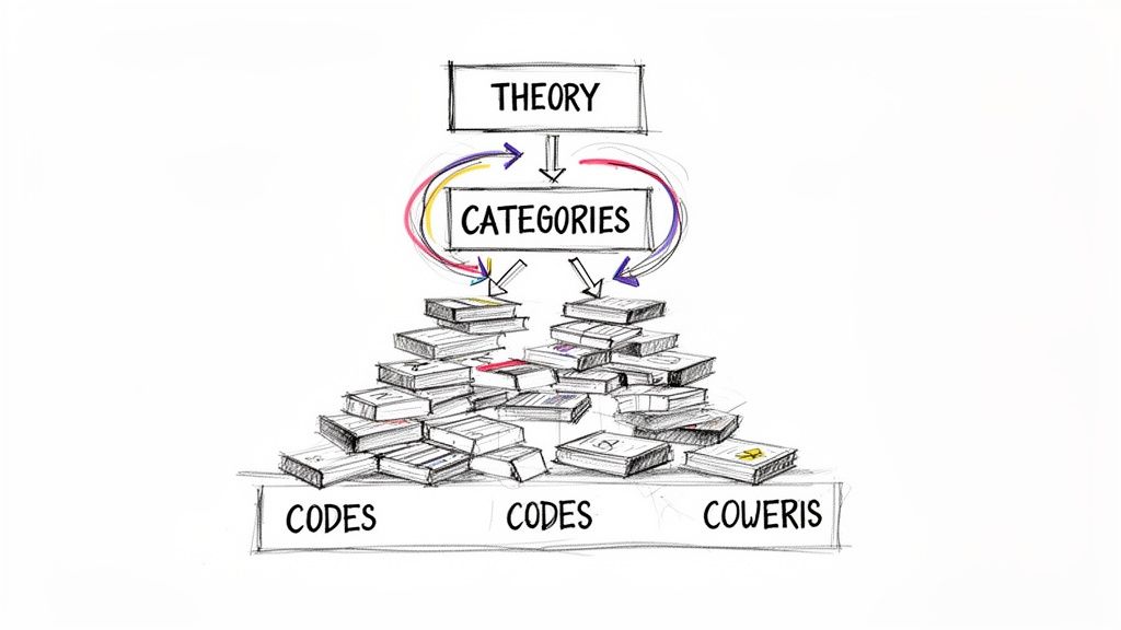 A qualitative data analysis model showing theory, categories, and data represented as books and codes.