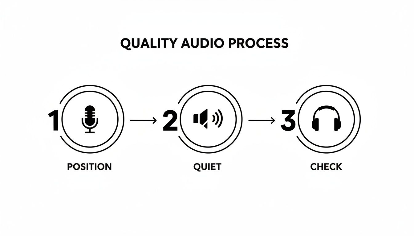 A three-step diagram outlining a quality audio process: position microphone, ensure quiet, and check with headphones.