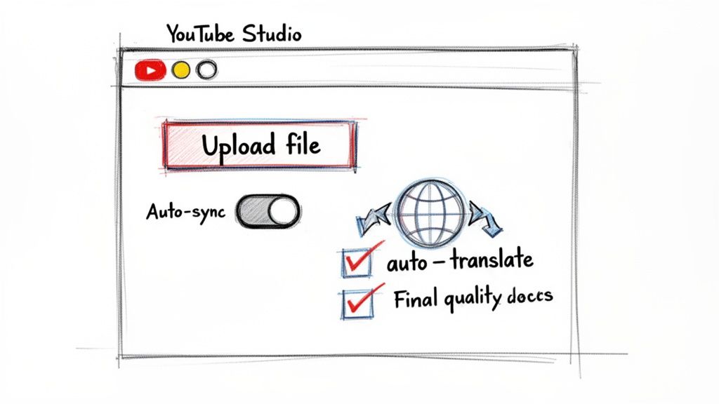 A hand-drawn sketch of YouTube Studio interface for uploading files, with auto-sync, auto-translate, and final quality document options.