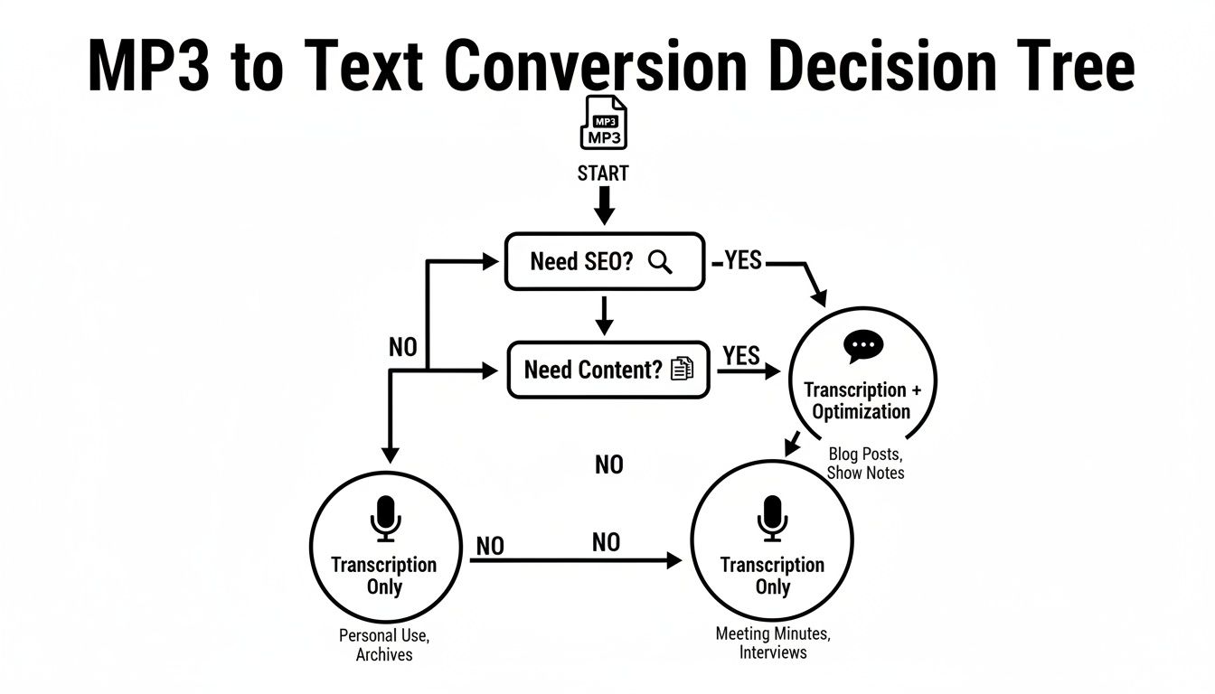 Decision tree flowchart guides MP3 to text conversion based on SEO and content needs.