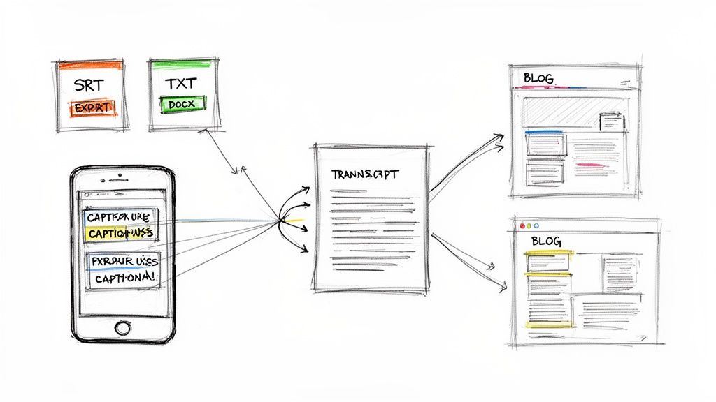 Workflow diagram showing captions from a mobile phone converted to a transcript, then exported as SRT, TXT, DOCX, or blog posts.