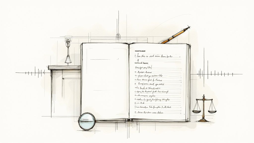 A detailed legal sketch featuring an open book, pen, magnifying glass, and scales of justice.