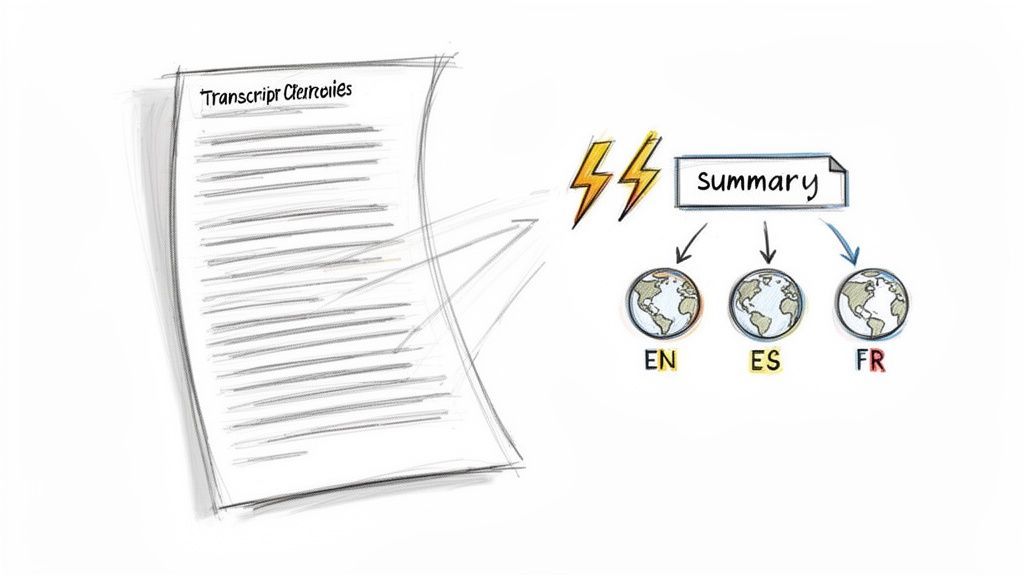 A handwritten illustration shows a transcript processed into a multi-language summary (English, Spanish, French).