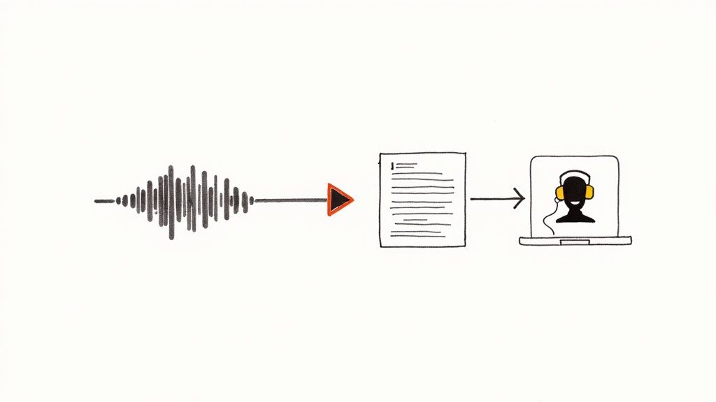 A person typing on a laptop with headphones on, transcribing audio into text.