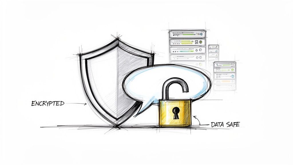 Sketch illustration depicting data security with an encrypted shield and an open padlock, symbolizing safe data.
