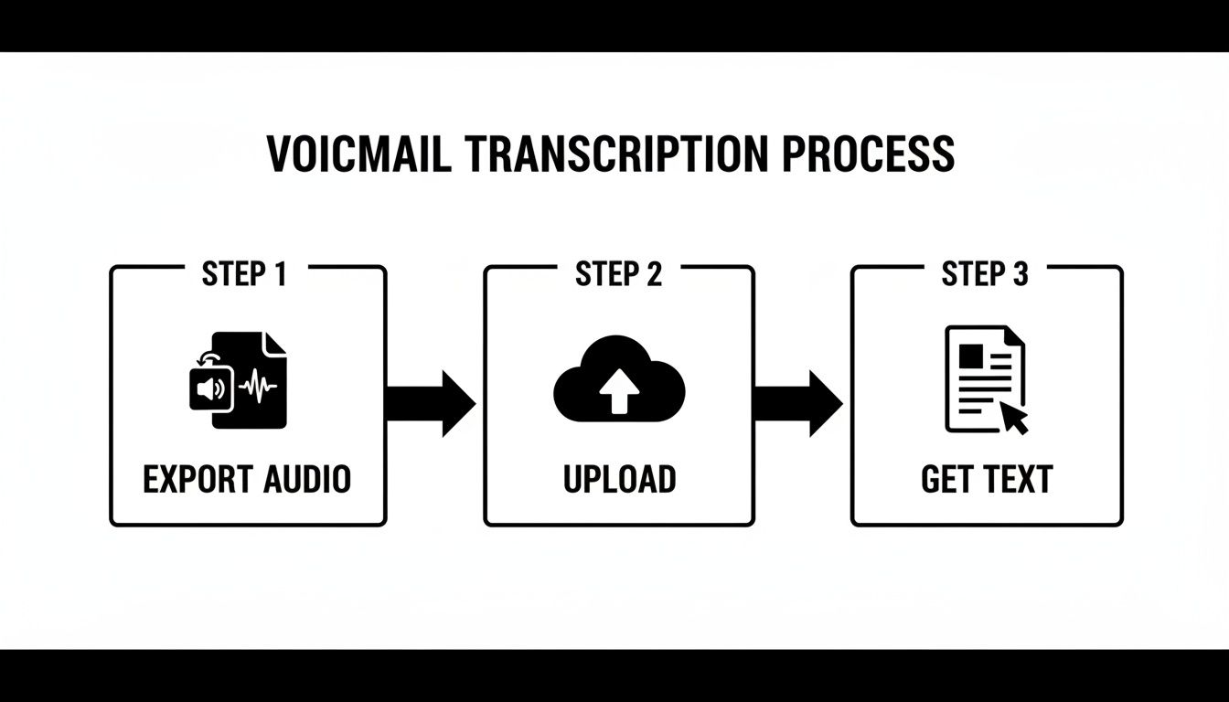 A three-step process for voicemail transcription: export audio, upload, and get text.