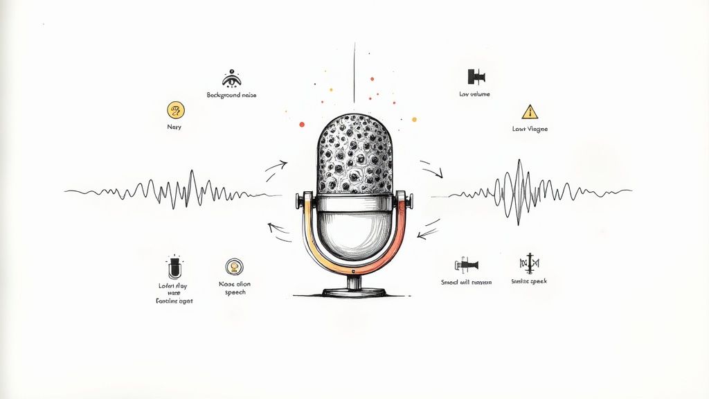 People collaborating around a laptop, choosing an audio to text service.