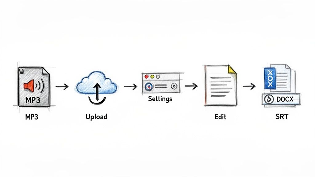 Visual guide detailing the conversion process of MP3 audio to text, SRT, and DOCX files.